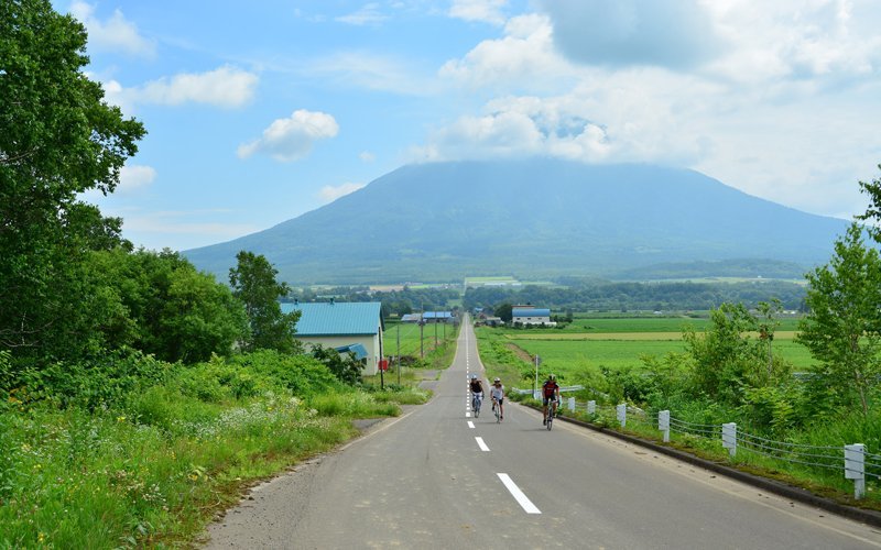 3 cyclists in green season Niseko with Mt. Youtei